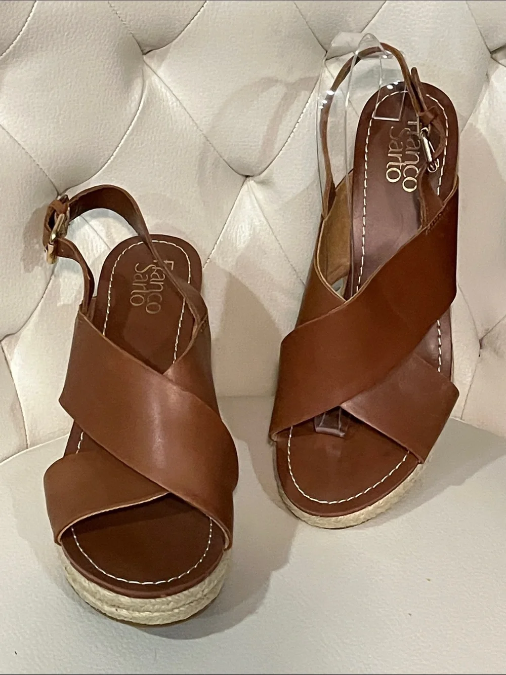 Franco Sarto Tan Brown Leather Sandals Espadrille Wedges Size 8.5